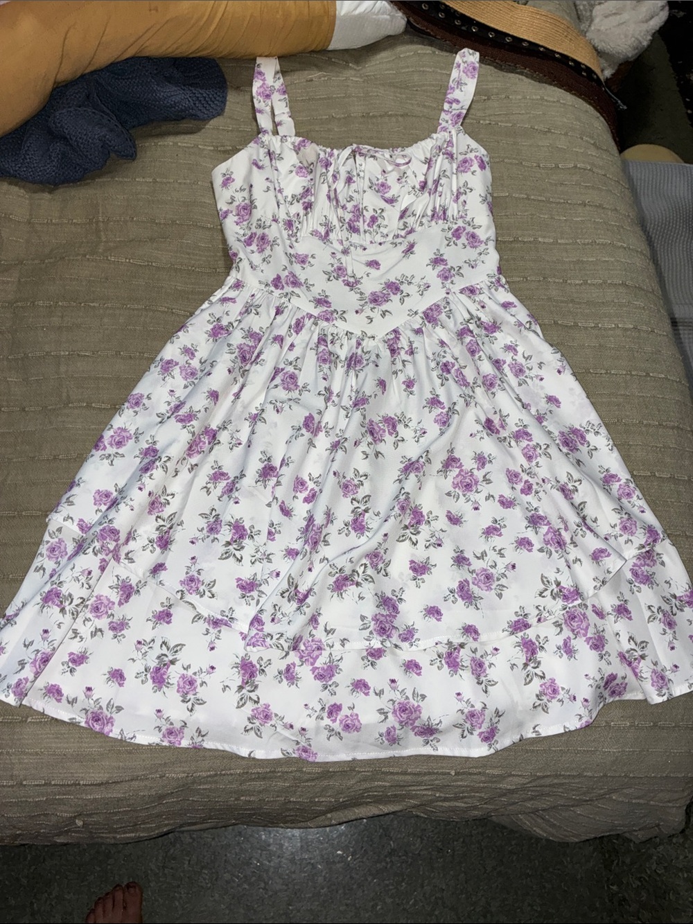 White Midi Dress with pockets and Lavender Floral Print